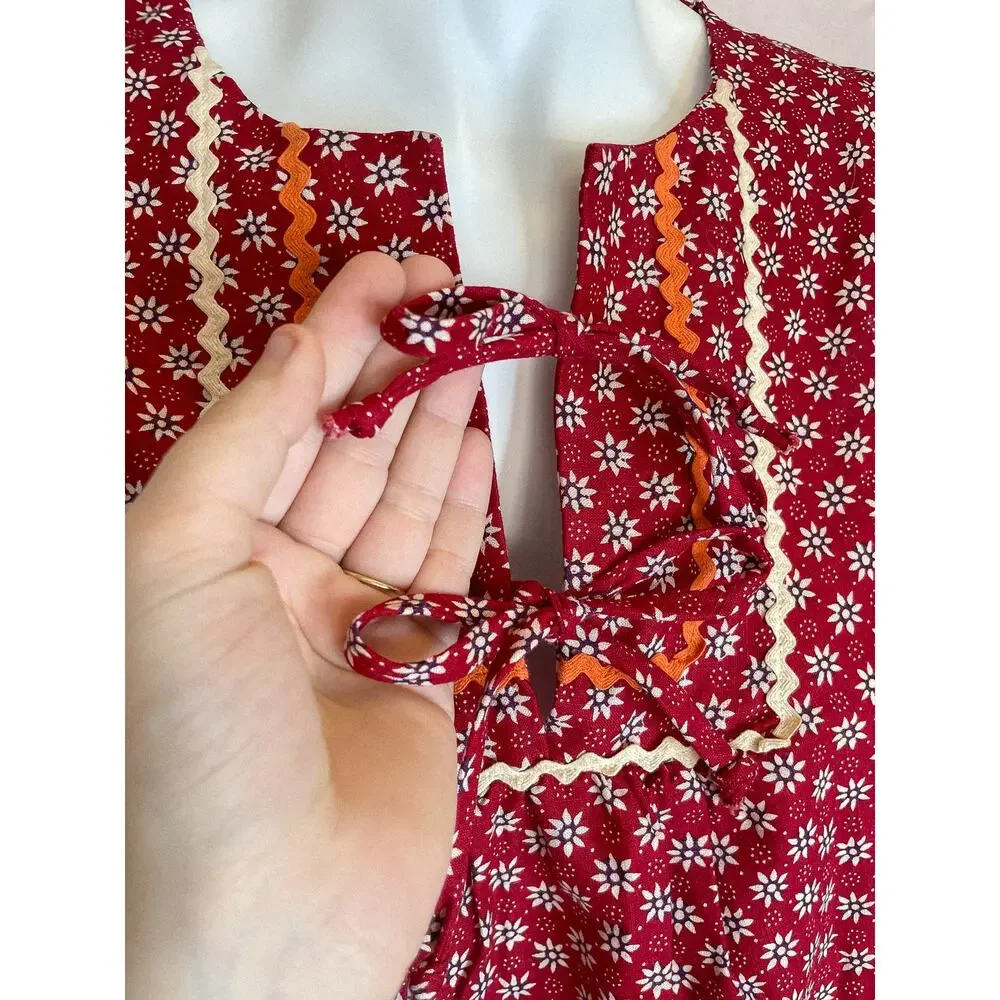 VINTAGE 1960's Bohemian Red Patchwork Ric Rac Dress SMALL - Picture 7 of 16